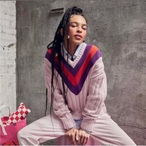 KULE Lilac V-Neck Chevron Stripe Cable Knit M L Sweater Cotton Cashmere Chunky